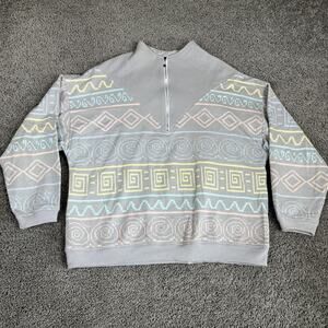 Vintage Tom Boy Sweater Womens Large Gray Pastel Aztec Half Zip 80s 90s